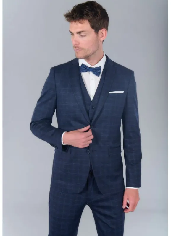 jerem Veste de costume extra-slim en maille stretch imprimée Prince de Galles- Costumes Stretch | Vestes Costumes Bleu Marine